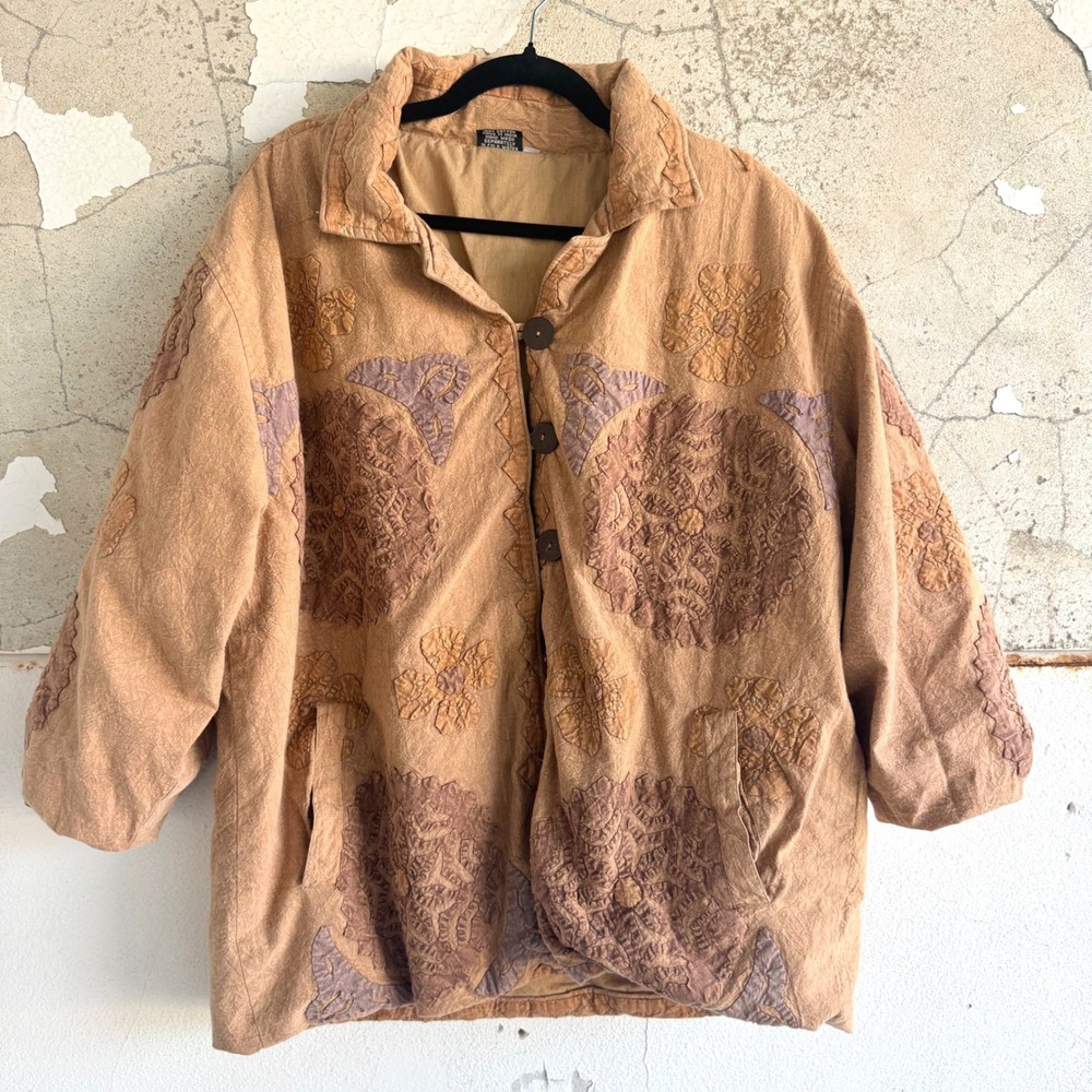 Vintage Boho Jacket Floral Applique Mandala Embroidered 90s Art to Wear Womens L